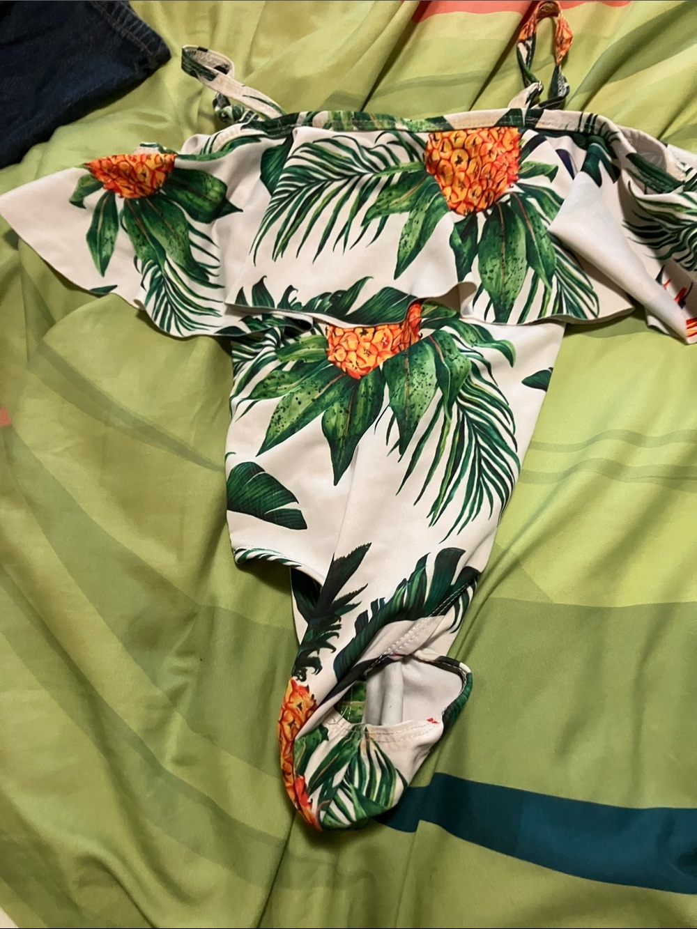 Kids Pineapple Tropical Ruffle One-Piece Swimsuit - White & Green